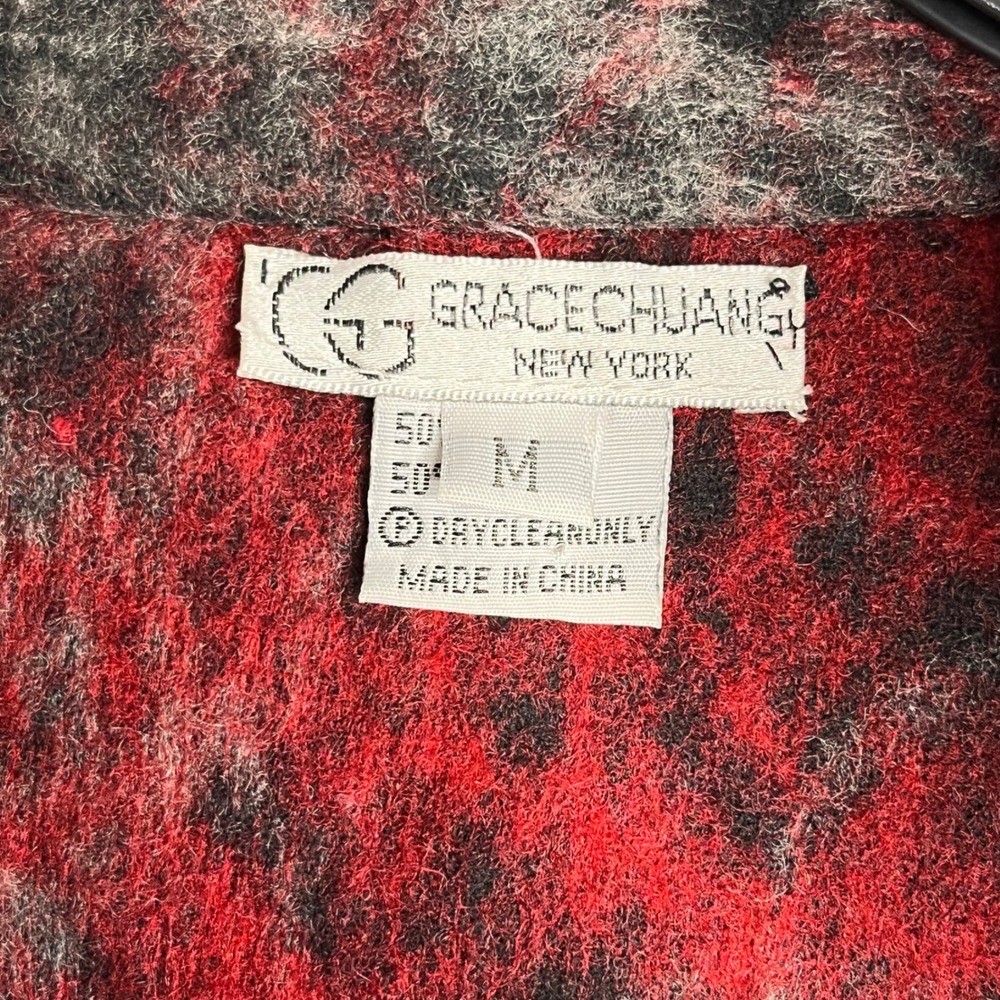 Grace Chuang Red Black Abstract Wool Blend Open Front Jacket Mandarin Collar M - Picture 2 of 10